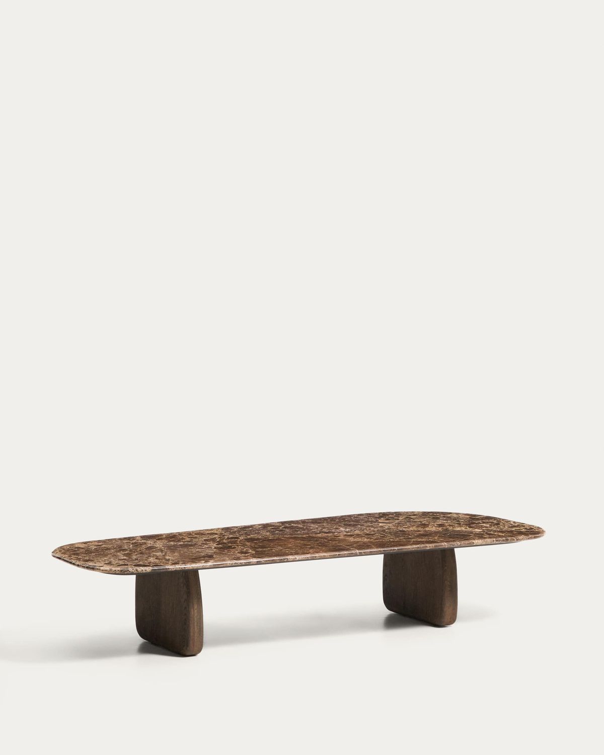 Mesa de centro Pirita de mármol marrón y patas de madera maciza de roble acabado oscuro 147 x 65 cm FSC 100%