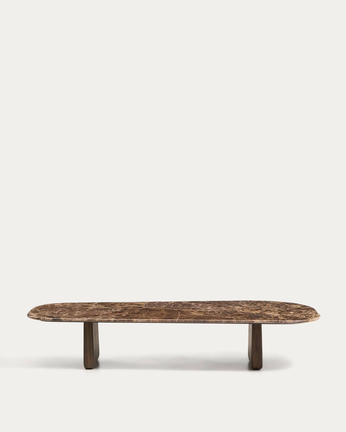Mesa de centro Pirita de mármol marrón y patas de madera maciza de roble acabado oscuro 147 x 65 cm FSC 100%