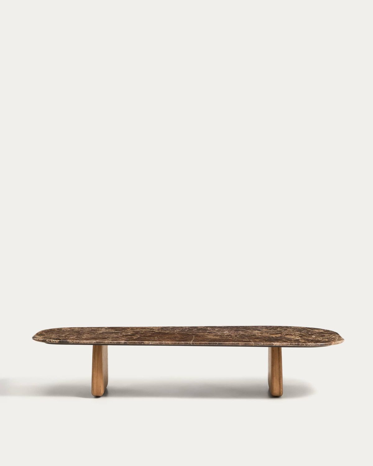Mesa de centro Pirita de mármol marrón y patas de madera maciza de roble acabado tono natural 147 x 65 cm FSC 100%