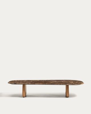 Mesa de centro Pirita de mármol marrón y patas de madera maciza de roble acabado tono natural 147 x 65 cm FSC 100%