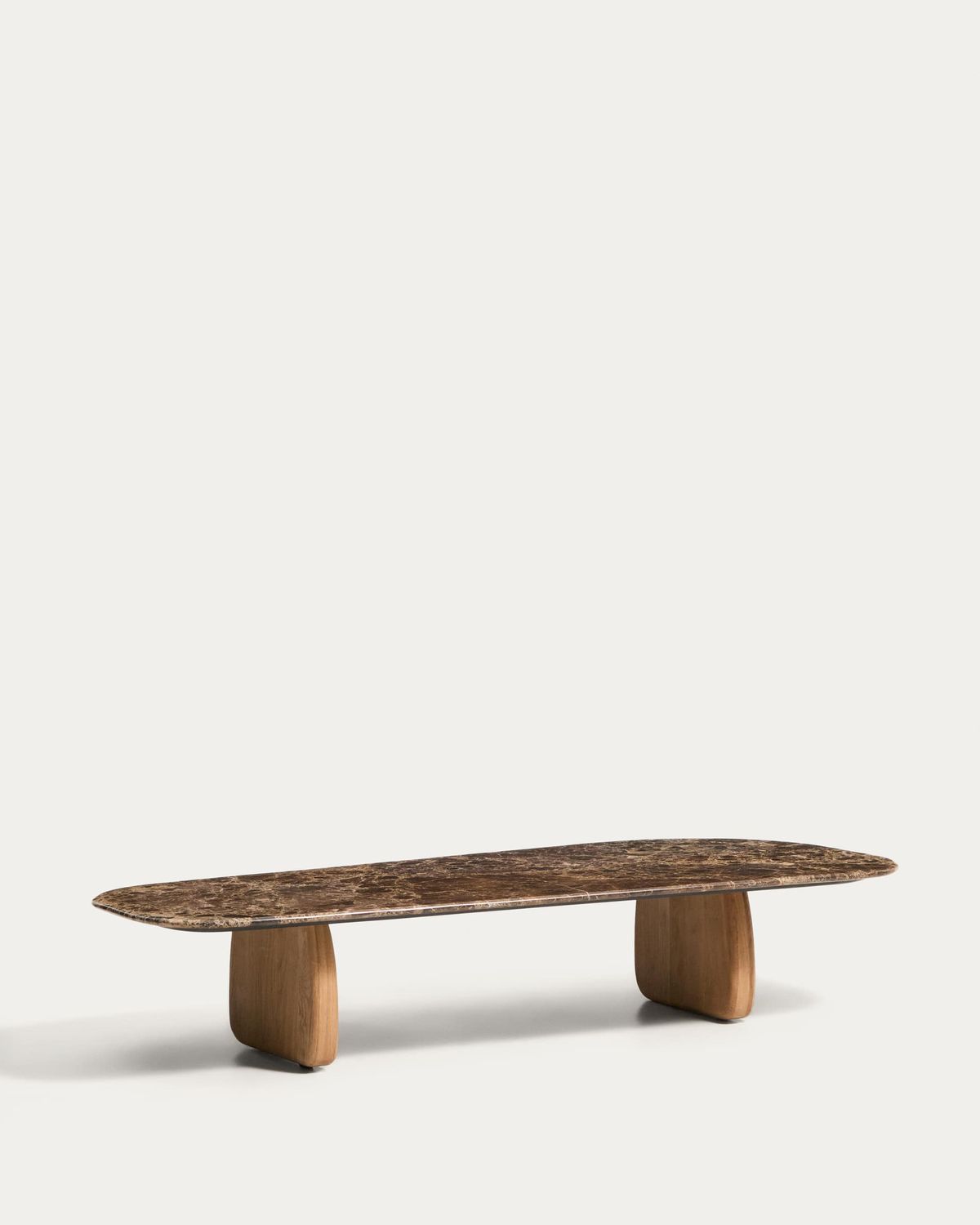 Mesa de centro Pirita de mármol marrón y patas de madera maciza de roble acabado tono natural 147 x 65 cm FSC 100%
