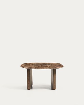 Mesa auxiliar Pirita de mármol marrón y patas de madera maciza de roble acabado oscuro 71 x 70 cm FSC 100%