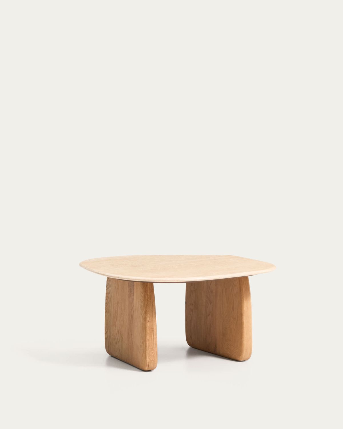 Mesa auxiliar Pirita de travertino beige y patas de madera maciza de roble acabado tono natural 71 x 70 cm FSC 100%