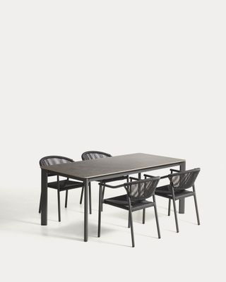 Set de mesa Anafi de piedra sinterizada y aluminio grafito y 4 sillas Livadia de aluminio grafito 180 x 90 cm