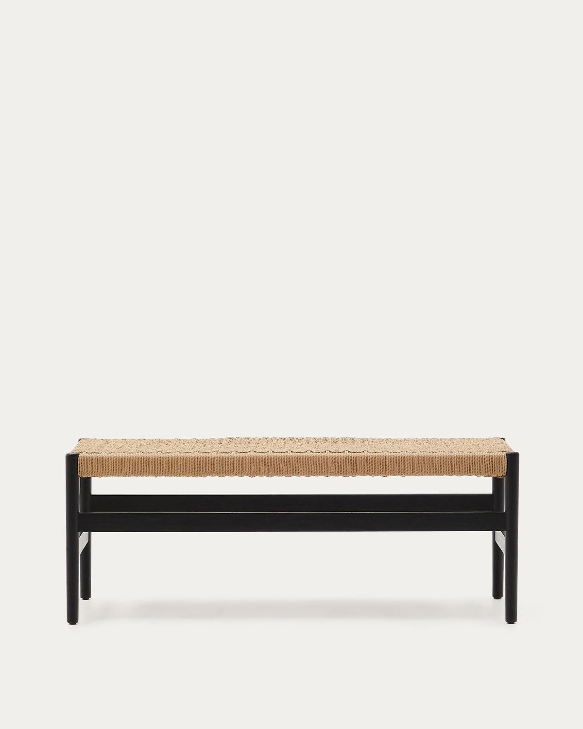 Banco Zaide de madera maciza de roble con acabado negro y asiento de cuerda 120cm FSC Mix Credit