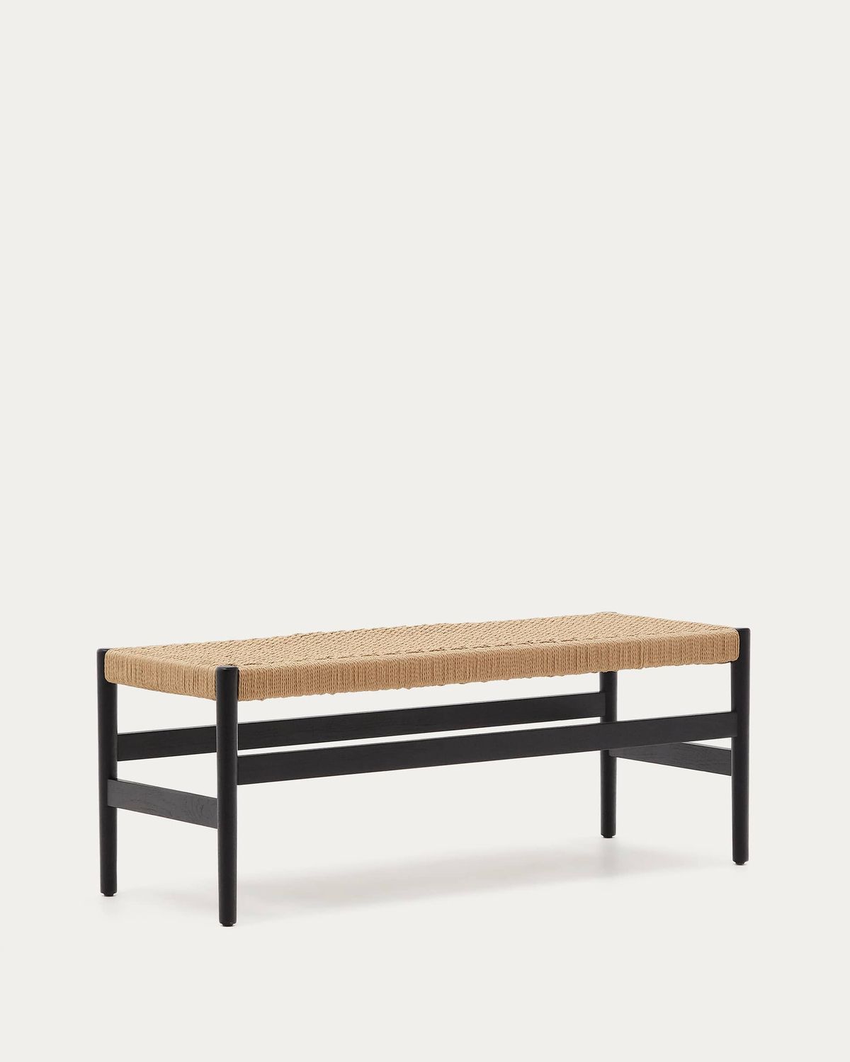 Banco Zaide de madera maciza de roble con acabado negro y asiento de cuerda 120cm FSC Mix Credit