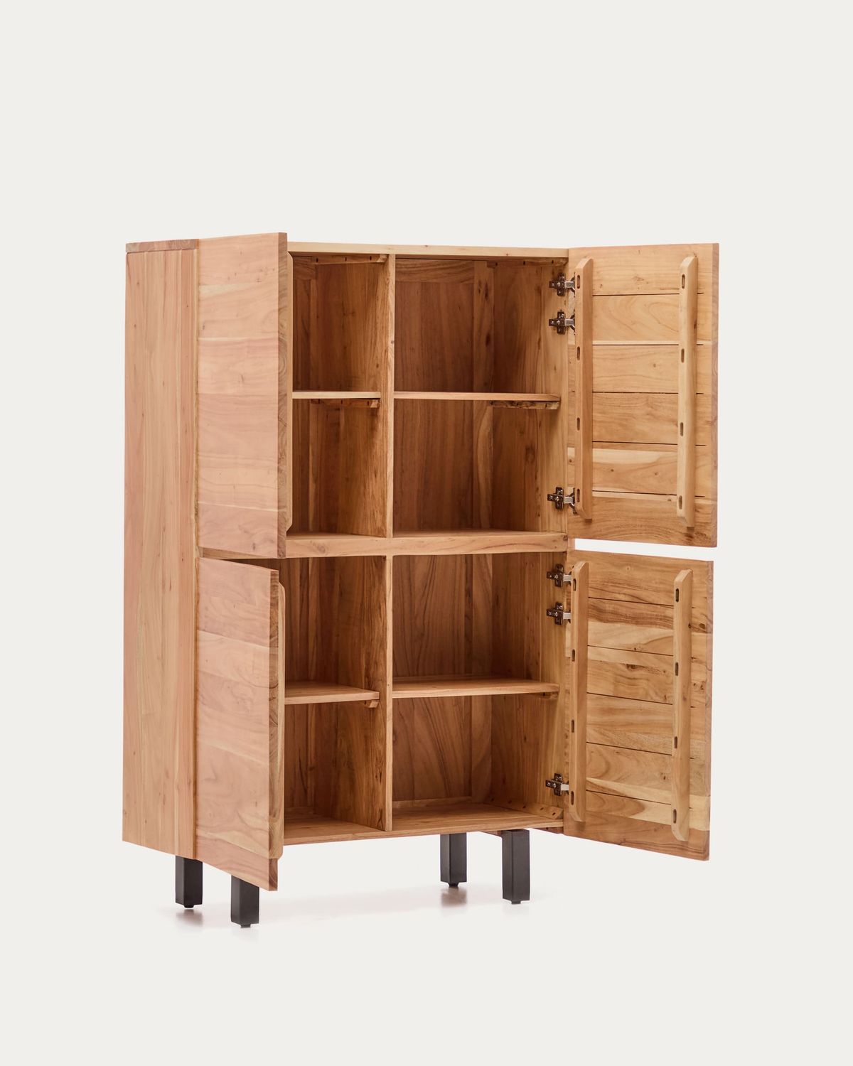 Aparador alto Uxue 4 puertas de madera maciza de acacia con acabado blanqueado y acero negro 100 x 155 cm