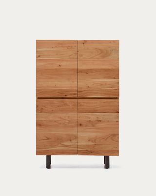 Aparador alto Uxue 4 puertas de madera maciza de acacia con acabado blanqueado y acero negro 100 x 155 cm