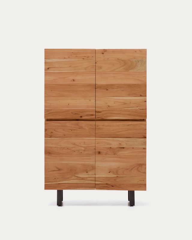 Aparador alto Uxue 4 puertas de madera maciza de acacia con acabado blanqueado y acero negro 100 x 155 cm