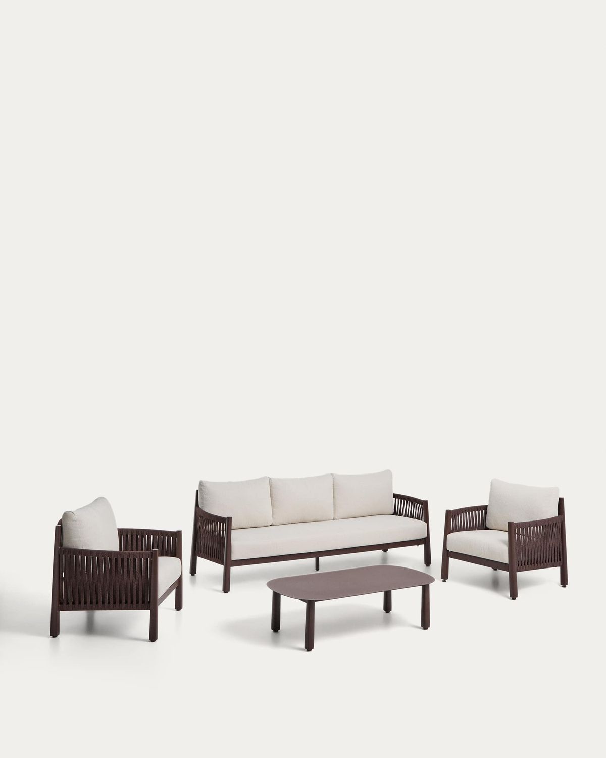 Set Aleria de sofá 3 plazas, 2 sillones y mesa de centro de aluminio y cuerda sintética marrón
