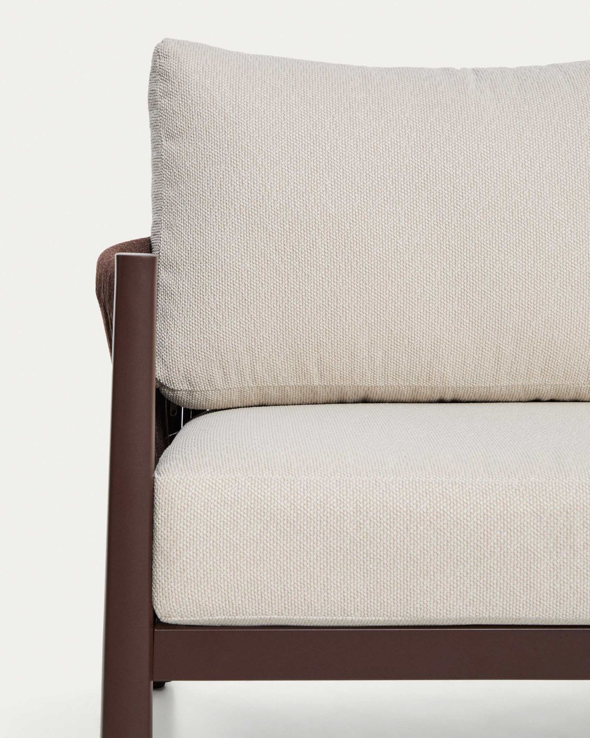 Set Aleria de sofá 3 plazas, 2 sillones y mesa de centro de aluminio y cuerda sintética marrón