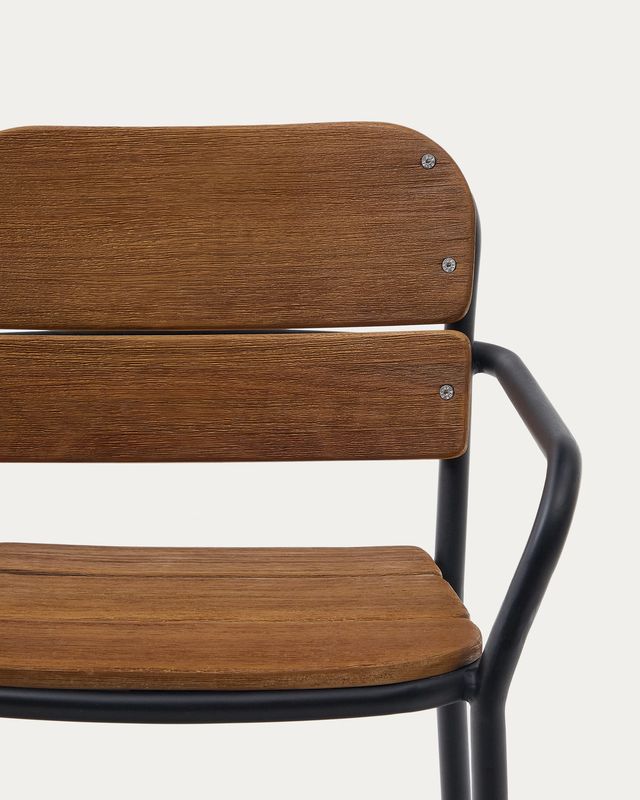 Taburete Algueret madera maciza eucalipto acabado natural y aluminio negro 65 cm FSC 100%