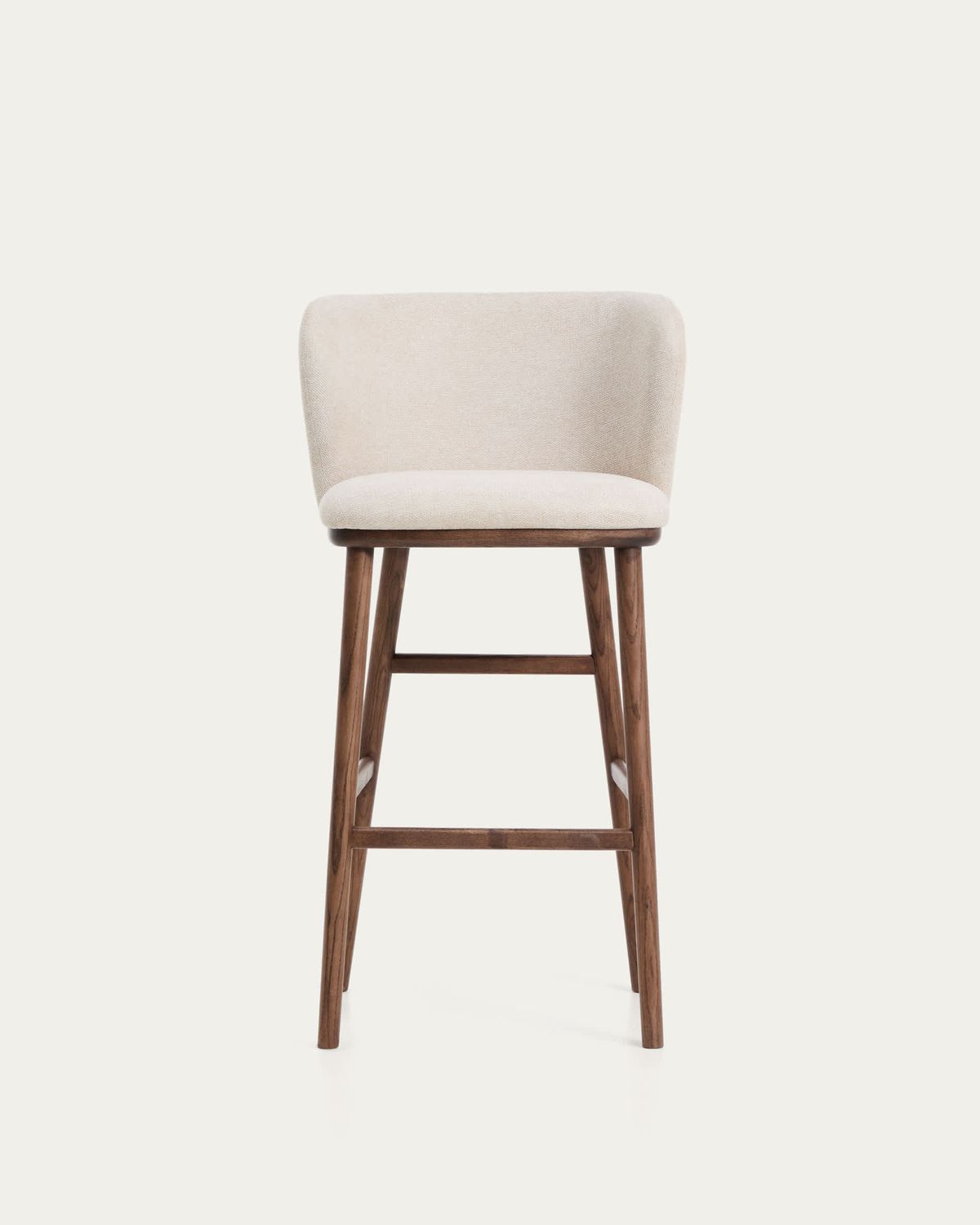 Taburete Ciselia chenilla beige y patas de madera maciza fresno acabado tono nogal FSC Mix Credit 75cm