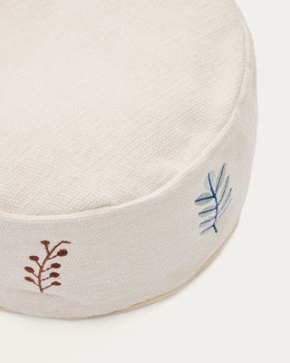 Puf Yanil 100% algodón blanco con bordado de hojas multicolor Ø 40 cm
