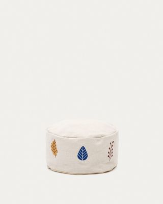 Puf Yanil 100% algodón blanco con bordado de hojas multicolor Ø 40 cm