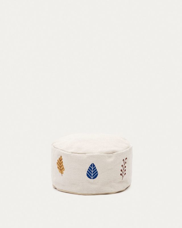 Puf Yanil 100% algodón blanco con bordado de hojas multicolor Ø 40 cm