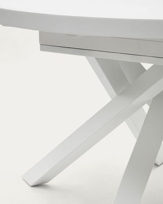 Mesa extensible redonda Vashti de cristal, MDF patas acero acabado blanco Ø120(160)x120cm