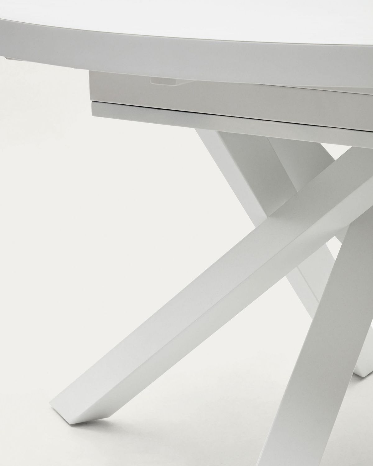Mesa extensible redonda Vashti de cristal, MDF patas acero acabado blanco Ø120(160)x120cm