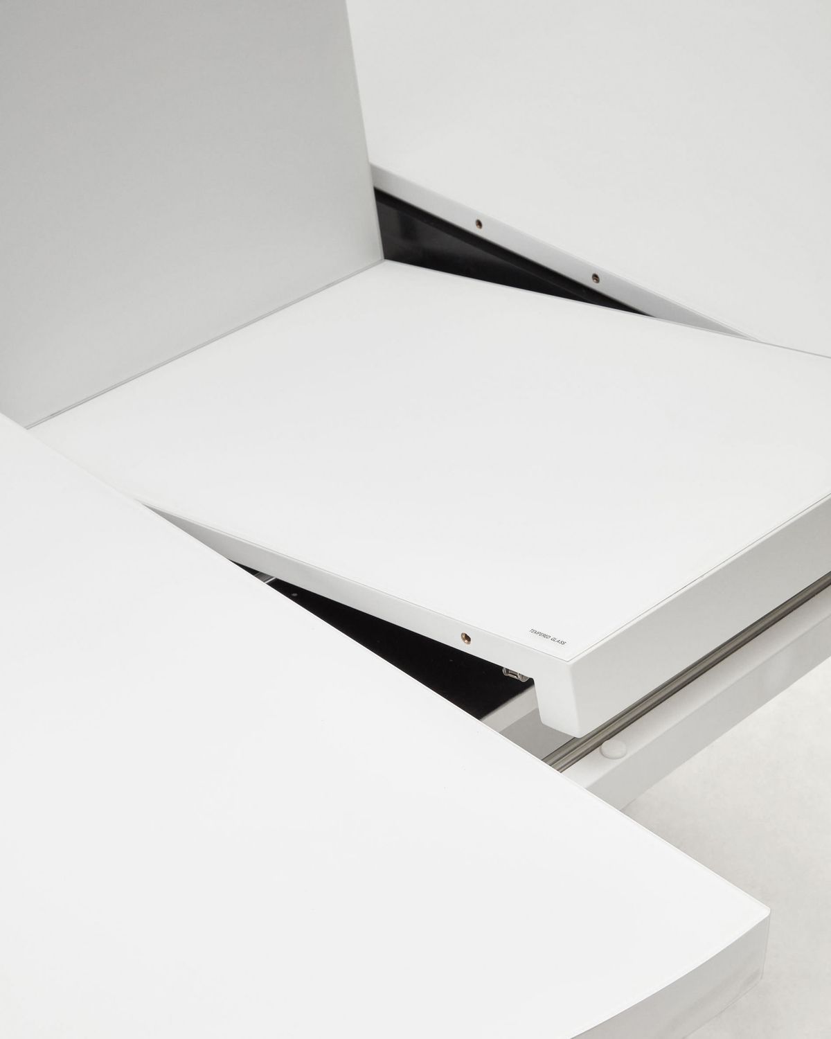 Mesa extensible redonda Vashti de cristal, MDF patas acero acabado blanco Ø120(160)x120cm