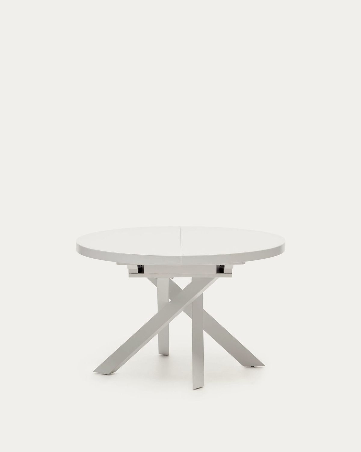 Mesa extensible redonda Vashti de cristal, MDF patas acero acabado blanco Ø120(160)x120cm