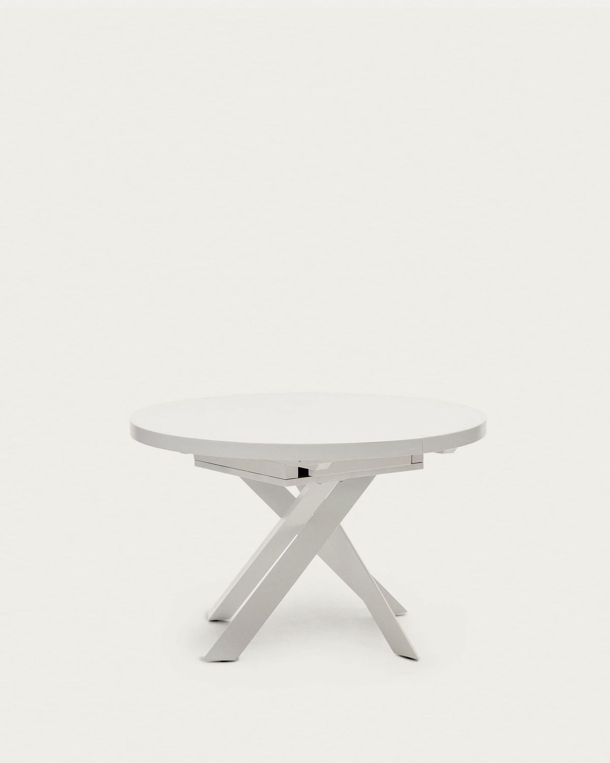 Mesa extensible redonda Vashti de cristal, MDF patas acero acabado blanco Ø120(160)x120cm