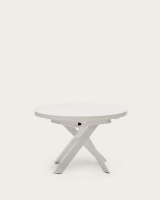 Mesa extensible redonda Vashti de cristal, MDF patas acero acabado blanco Ø120(160)x120cm