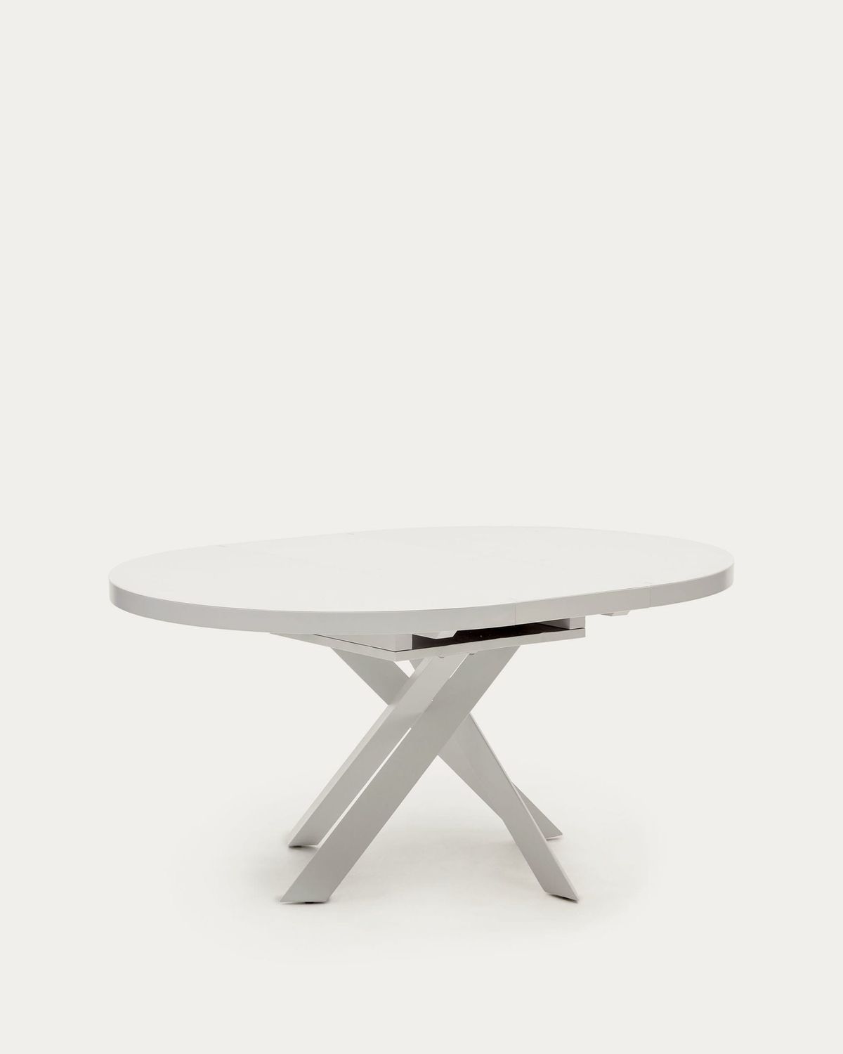 Mesa extensible redonda Vashti de cristal, MDF patas acero acabado blanco Ø120(160)x120cm