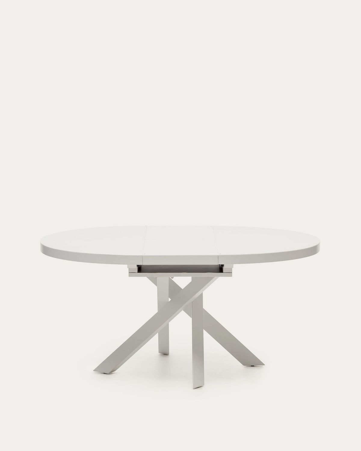 Mesa extensible redonda Vashti de cristal, MDF patas acero acabado blanco Ø120(160)x120cm