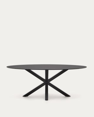 Mesa Argo de cristal negro y patas de acero negro Ø 200 x 100 cm Mesa Argo de cristal negro y patas de acero negro Ø 200 x 100 cm