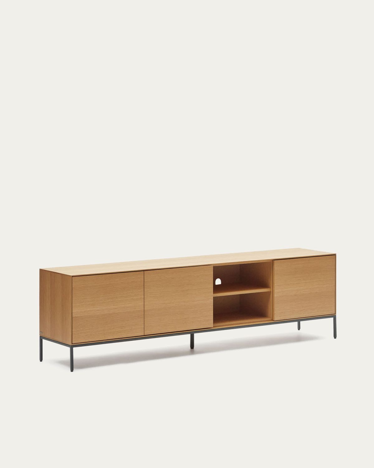 Mueble TV Vedrana 3 puertas de chapa de roble y patas de acero negro 195 x 55 cm