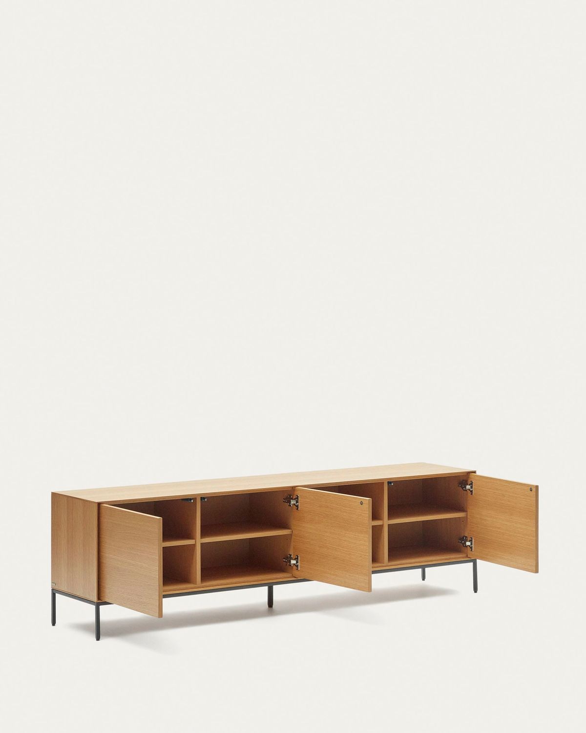 Mueble TV Vedrana 3 puertas de chapa de roble y patas de acero negro 195 x 55 cm