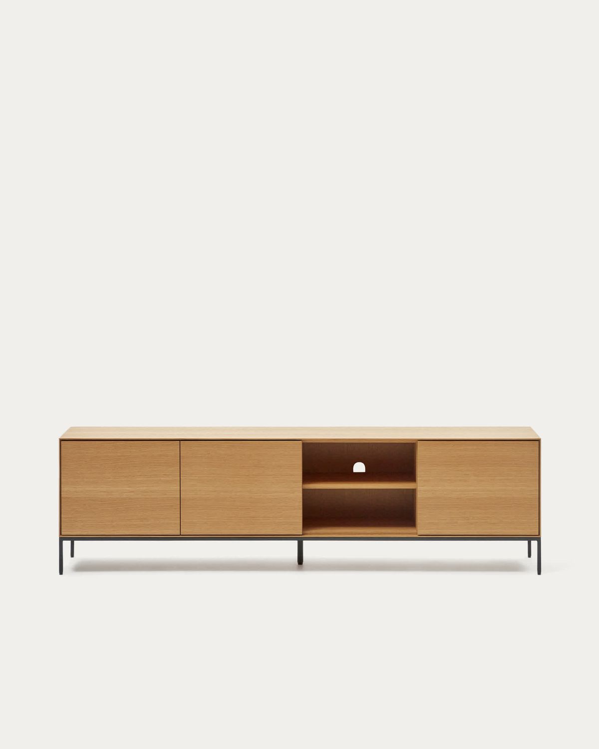 Mueble TV Vedrana 3 puertas de chapa de roble y patas de acero negro 195 x 55 cm