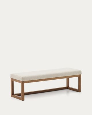 Banqueta Loya de chenilla beige y madera de haya con acabado tono nogal 128 cm