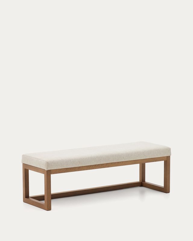 Banqueta Loya de chenilla beige y madera de haya con acabado tono nogal 128 cm