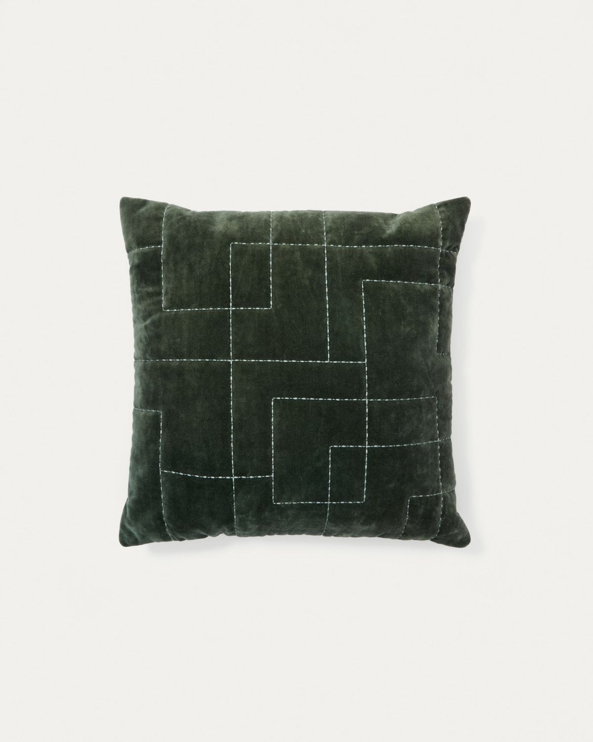 Funda de cojín Prila 100% algodón terciopelo verde con bordado geométrico 45 x 45 cm