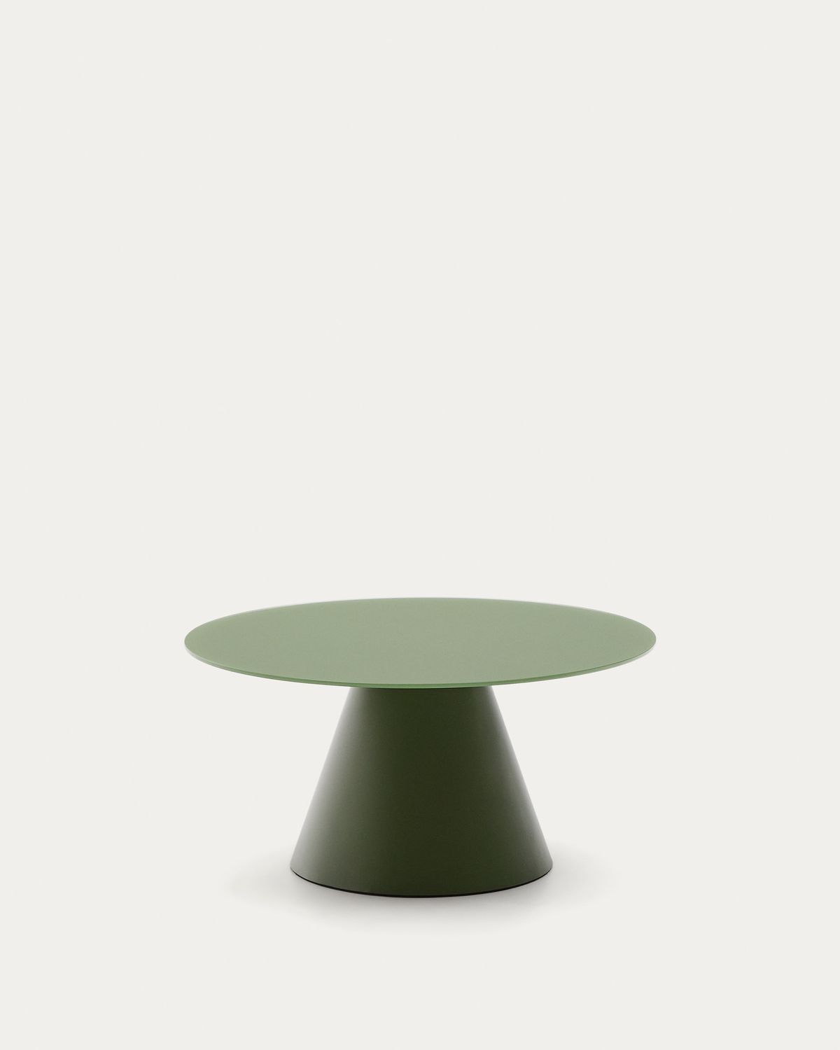 Mesa de centro Wilshire vidrio templado glaseado y acero acabado pintado verde mate Ø80cm