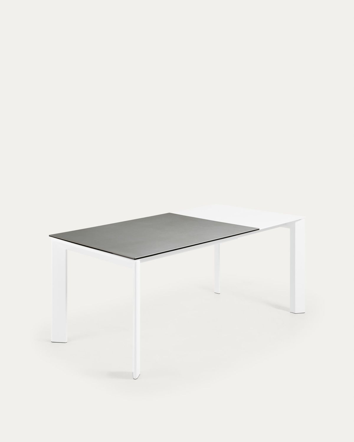 Mesa extensible Axis porcelánico acabado Hydra Plomo y patas de acero blanco 120 (180) cm