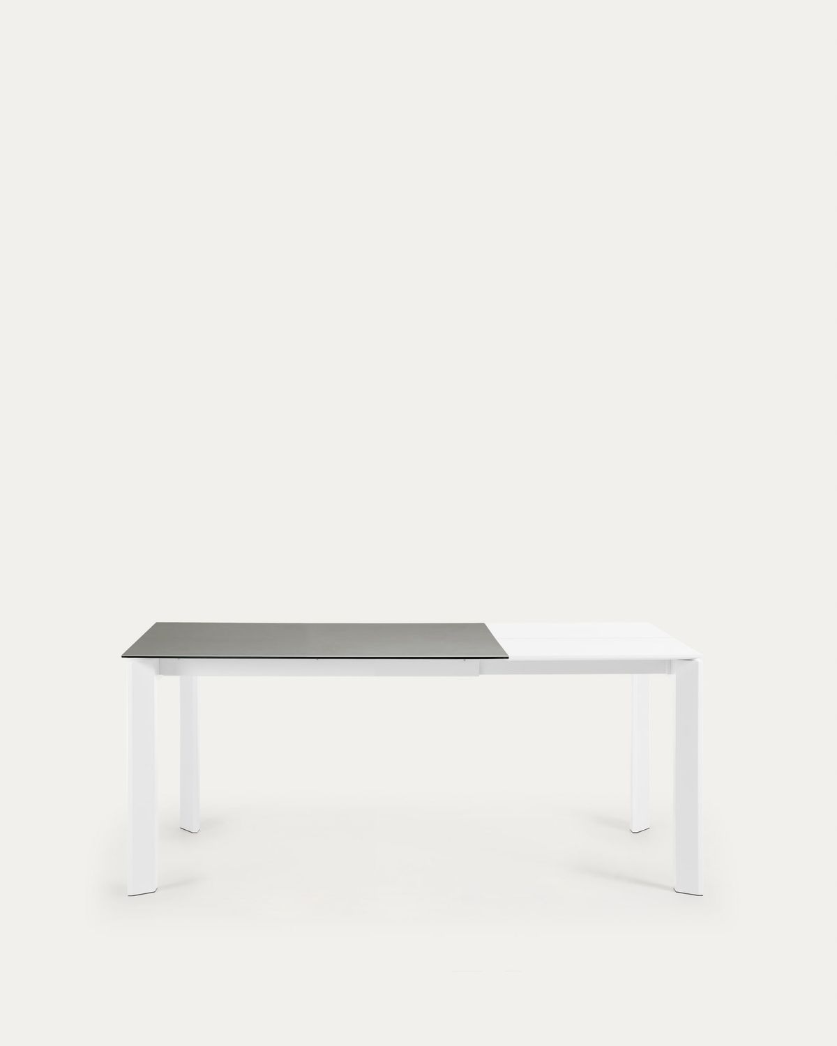 Mesa extensible Axis porcelánico acabado Hydra Plomo y patas de acero blanco 120 (180) cm
