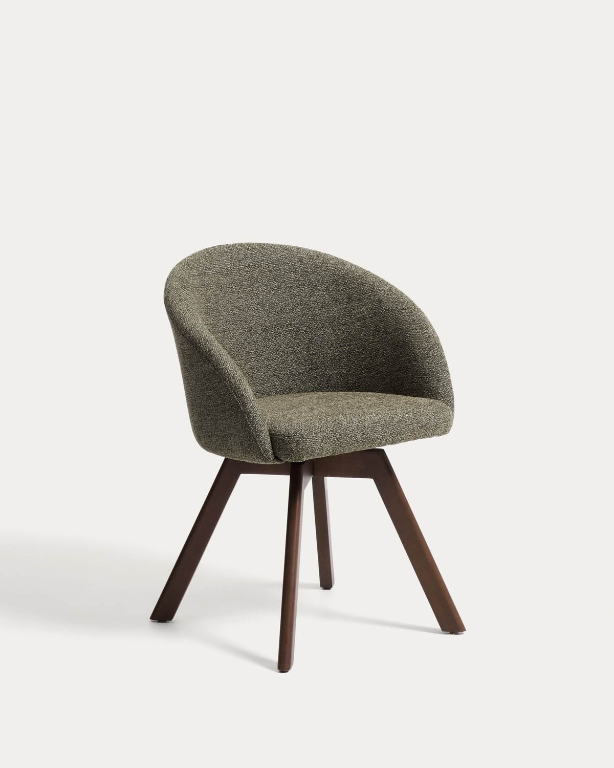 Silla giratoria Marvin chenilla verde y patas de madera maciza de haya acabado nogal FSC 100%