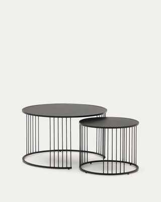 Set Hadar de 2 mesas auxiliares nido vidrio templado y metal pintado negro Ø75cm / Ø 45cm