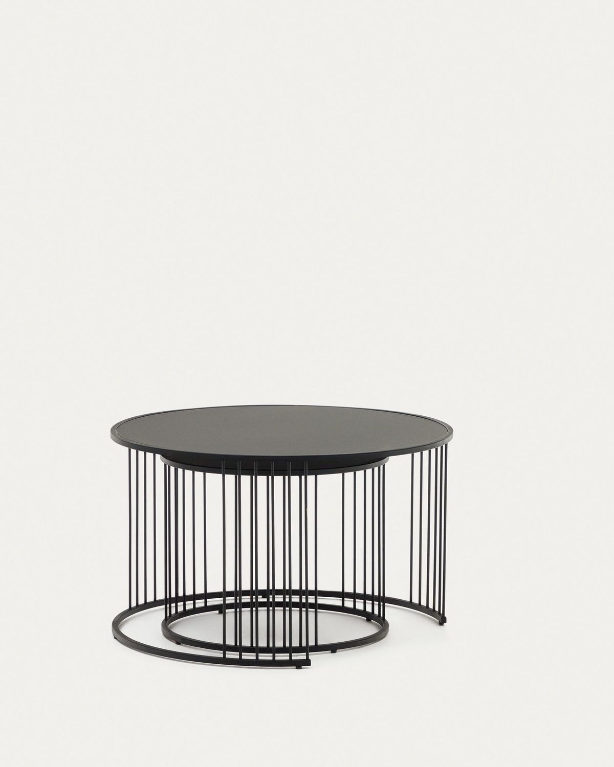Set Hadar de 2 mesas auxiliares nido vidrio templado y metal pintado negro Ø75cm / Ø 45cm