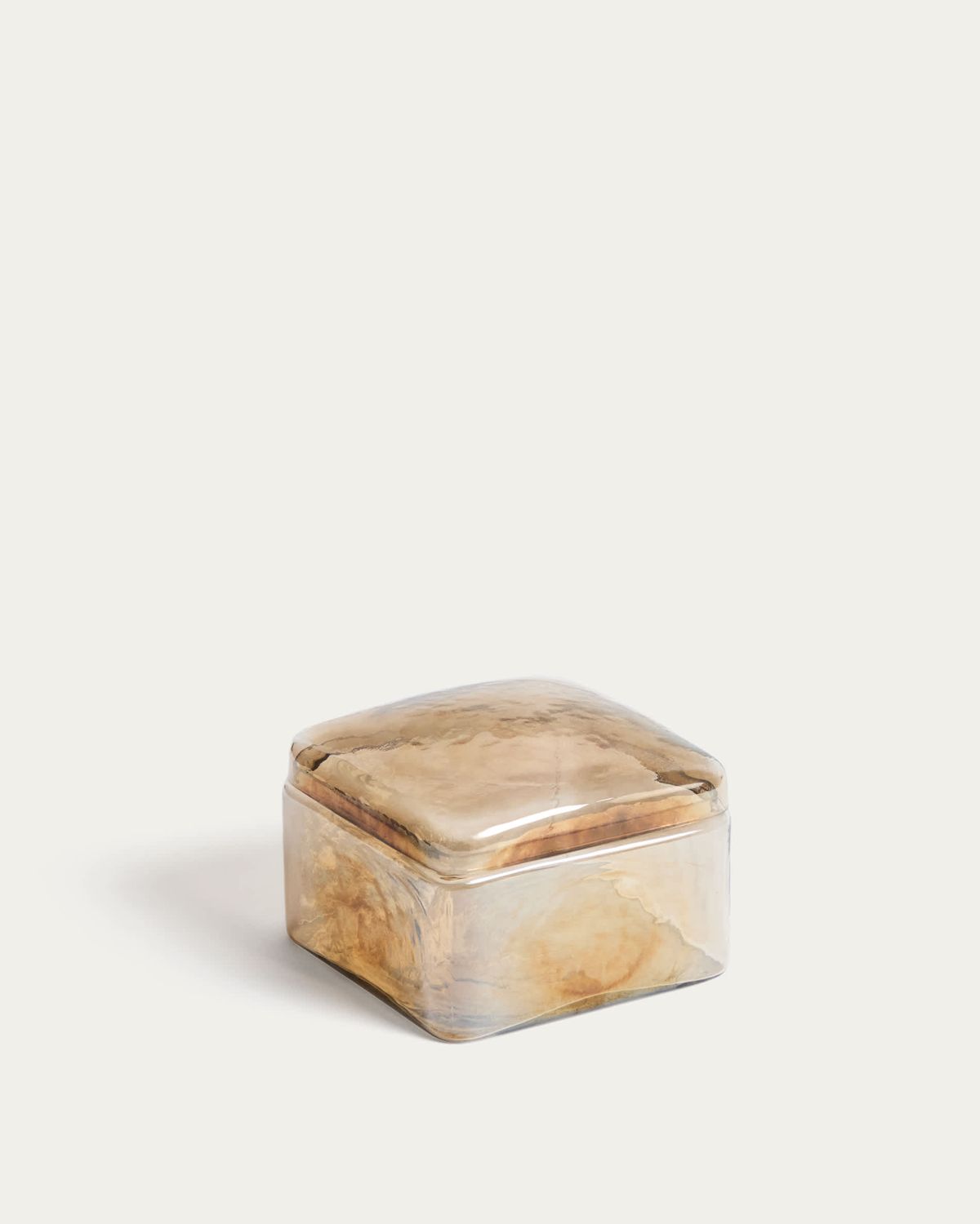 Caja decorativa Aveli de cristal beige tornasolado 14 x 14 cm