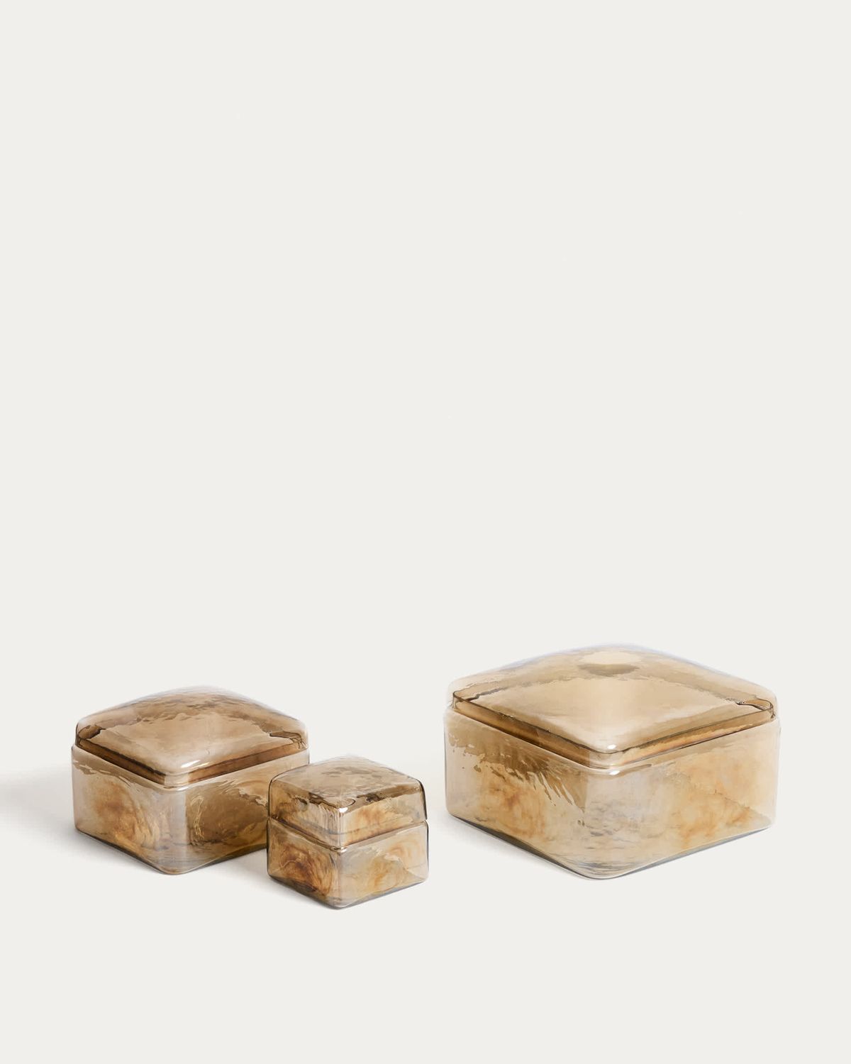 Caja decorativa Aveli de cristal beige tornasolado 14 x 14 cm