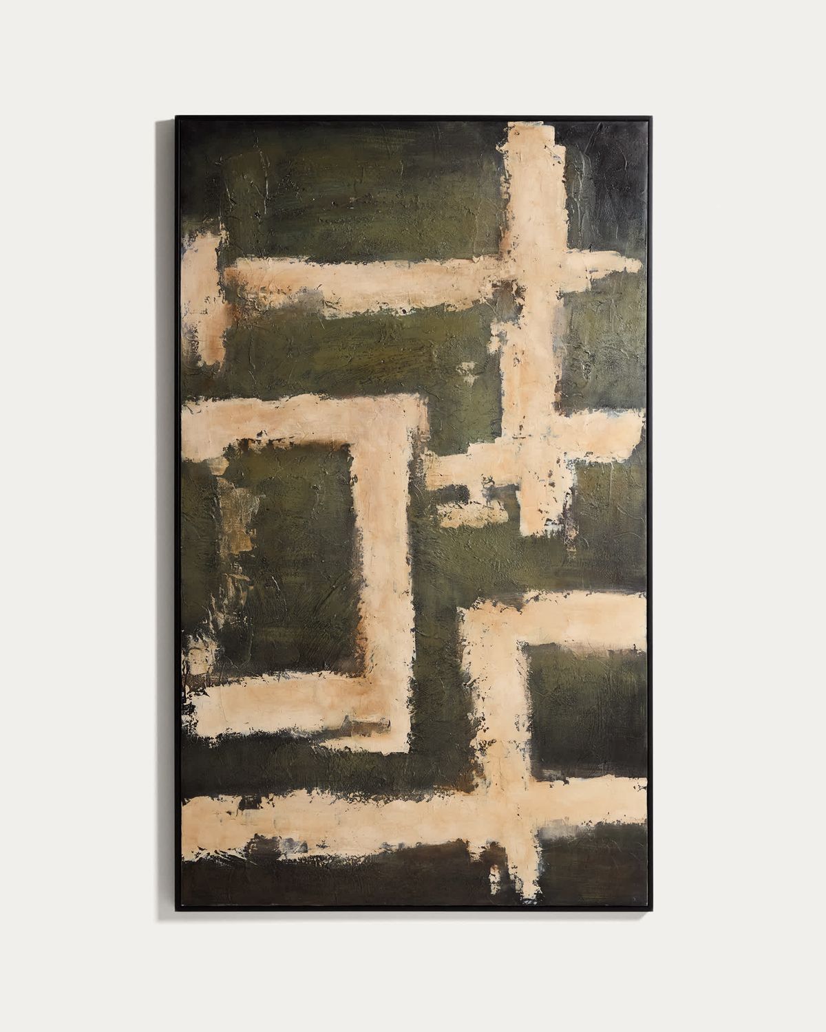 Cuadro abstracto Emeri pintado a mano verde oliva y beige 120 x 200 cm