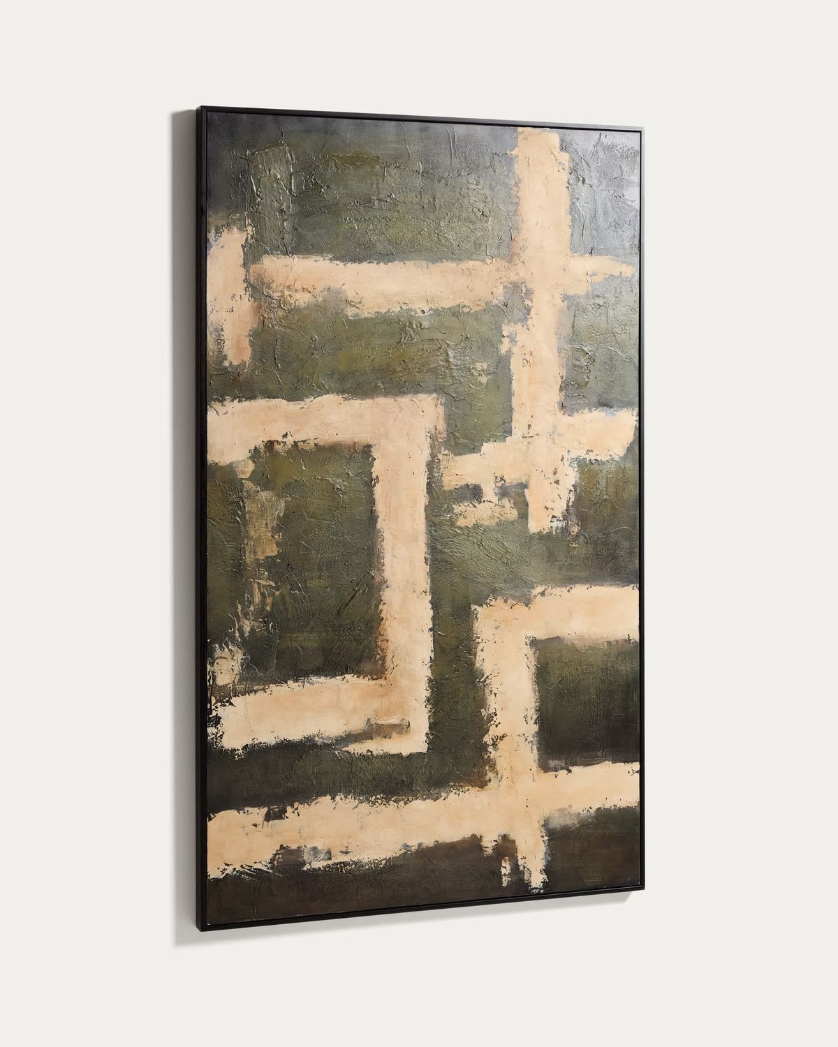 Cuadro abstracto Emeri pintado a mano verde oliva y beige 120 x 200 cm