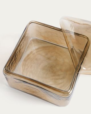 Caja decorativa Aveli de cristal beige tornasolado 19 x 19 cm