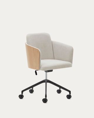 Silla de escritorio Madai de chenilla beige y chapa de fresno con acabado tono natural FSC Mix Credit
