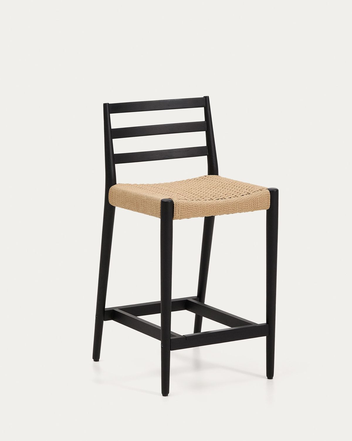 Taburete Analy respaldo madera maciza roble acabado negro y asiento de cuerda 65cm FSC Mix Credit