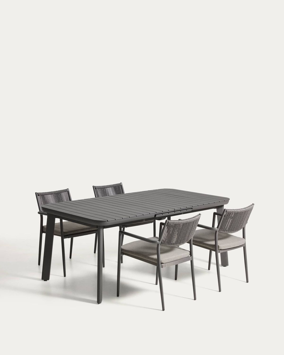 Set de mesa extensible Izola de aluminio grafito y 4 sillas Argasi de aluminio grafito y cuerda sintética gris oscuro 185 (235) x 100 cm
