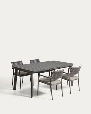 Set de mesa extensible Izola de aluminio grafito y 4 sillas Argasi de aluminio grafito y cuerda sintética gris oscuro 185 (235) x 100 cm Set de mesa extensible Izola de aluminio grafito y 4 sillas Argasi de aluminio grafito y cuerda sintética gris oscuro 185 (235) x 100 cm
